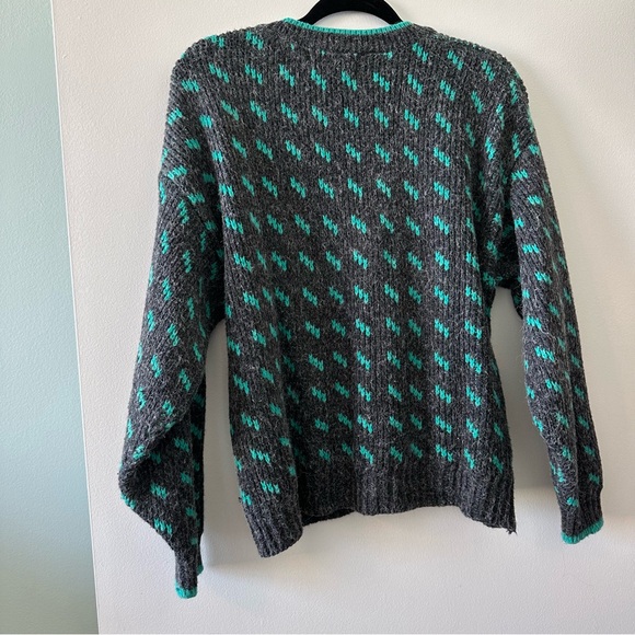 Vintage Cozy Gray and Teal Patterned Unisex Cardigan Sweater - Picture 6 of 8